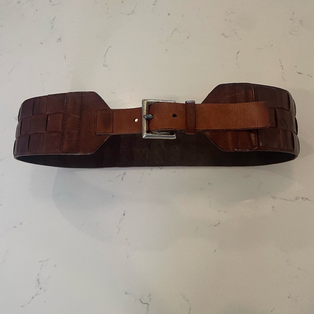 Vintage 90's WCM New York Woven Wide Leather Statement Belt in Brown M/L